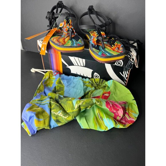 Farm Rio Black Banana Beaded Flat Sandal Size US 9 New in Box w/ dustbag - Picture 2 of 8